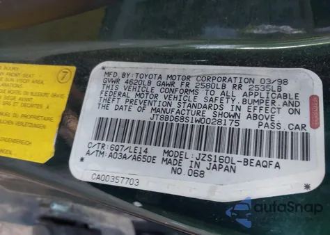 1998 Lexus Gs 300 from USA, damaged, VIN JT8BD68S1W0028175